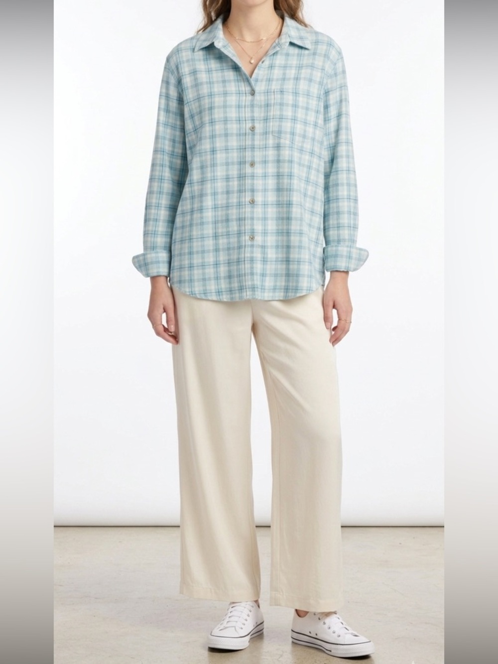 L.L. Bean Light Blue & White Plaid Button Front Shirt Cotton
